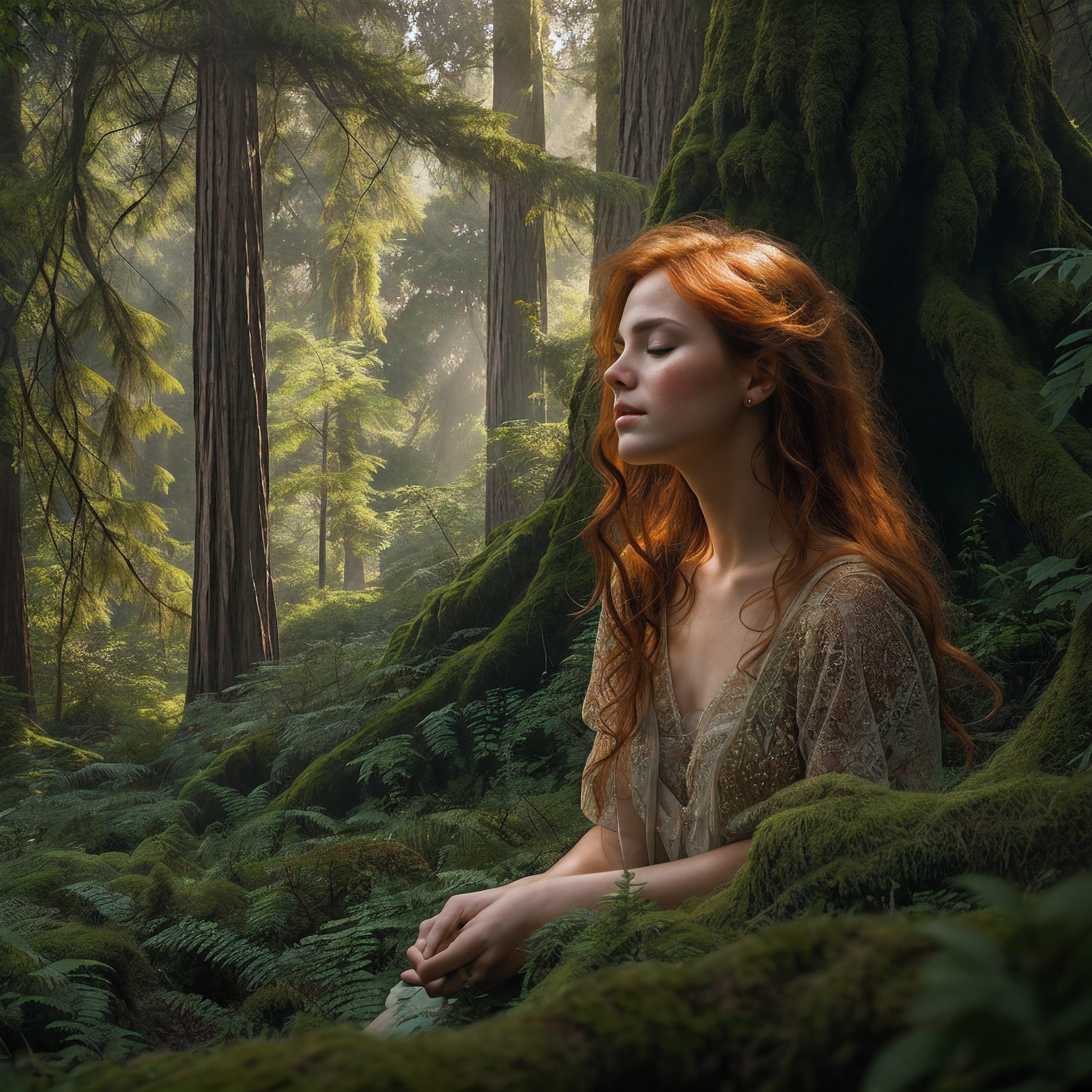 高くそびえる古代のセコイアの木々に囲まれた緑豊かな隠れた空き地で静かにひざまずく美しい赤毛の女性を描いた絶妙な肖像画, 頭上の高くそびえる樹冠の間から降り注ぐ太陽の光を眺めながら、物思いにふけりながら目を閉じている, 森の光に照らされた繊細な顔立ち, 森の床を覆う鮮やかなエメラルド色の苔に映える、愛らしいそばかすで飾られた完璧な肌, 雨と杉の土っぽい香りを運ぶ穏やかな森のそよ風に、燃えるような髪がそっと揺れる, 芸術写真プリントのスタイルで巧みに構成されている, 映画の静止画のように、音色が豊かで雰囲気のある, 複雑なテクスチャとフィルム粒子がシームレスに統合され、この原始の森の聖域の奥深い美しさを捉えています。, 細部にまで細心の注意を払って、全体的に見事な職人技で仕上げられています, この見事なデジタル絵画は、フォトリアリズムと想像力豊かな芸術性が融合した典型である。.
