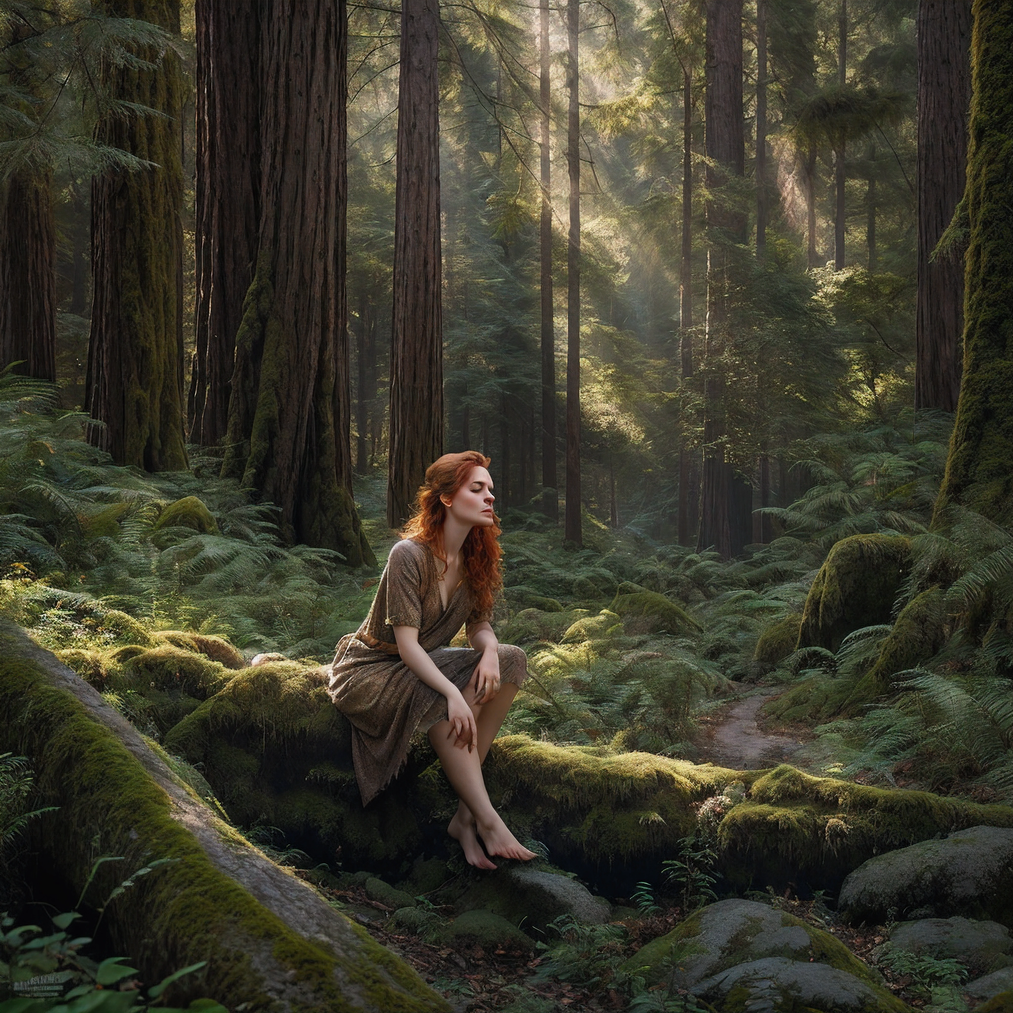 An exquisite portrait depicting a beautiful redheaded woman kneeling peacefully in a lush hidden glade surrounded by towering ancient redwood trees, eyes closed in pensive thought as speckled rays of sunshine filter down through the soaring canopy overhead, delicate features caressed by the dappled forest light, flawless skin adorned with endearing freckles that pop against the vivid emerald mosses blanketing the forest floor, fiery locks softly blowing in the gentle woodland breeze that carries the earthy scent of rain and cedar, masterfully composed in the style of a fine art photographic print, tonality rich and atmospherically moody like a cinematic still, intricate textures and film grain integrated seamlessly to capture the profound beauty of this primal forest sanctuary, overall craftsmanship superbly executed with extraordinary attention to detail, this stunning digital painting epitomizes photorealism meets imaginative artistry.