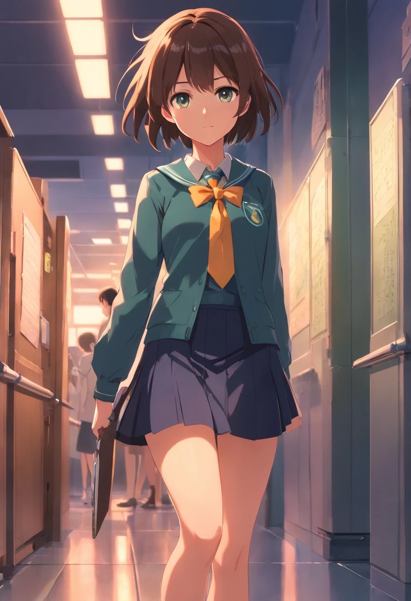 Anime girl in school uniform walking down a hallway with a gun - SeaArt AI