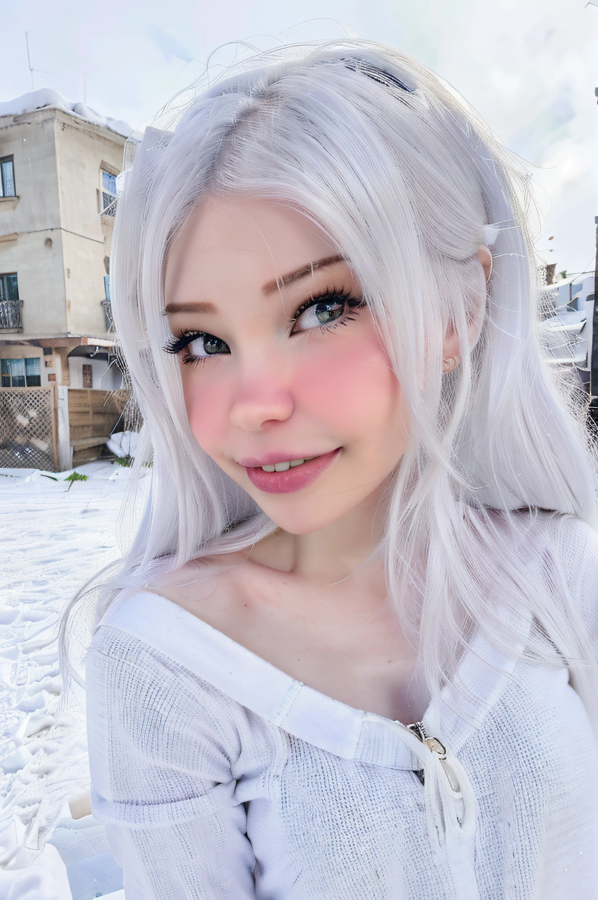 A woman with white hair and blue eyes posing for a picture - SeaArt AI