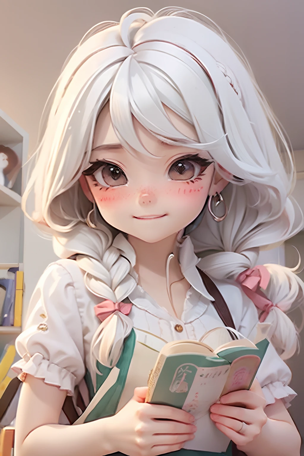 Lolli girl, braid hair, school, reading books, library background, white hair, cute shy happy pose