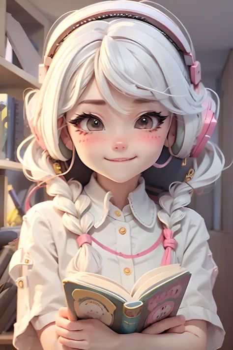 Lolli girl, braid hair, school, reading books, library background, white hair, cute shy happy pose, wearing headset