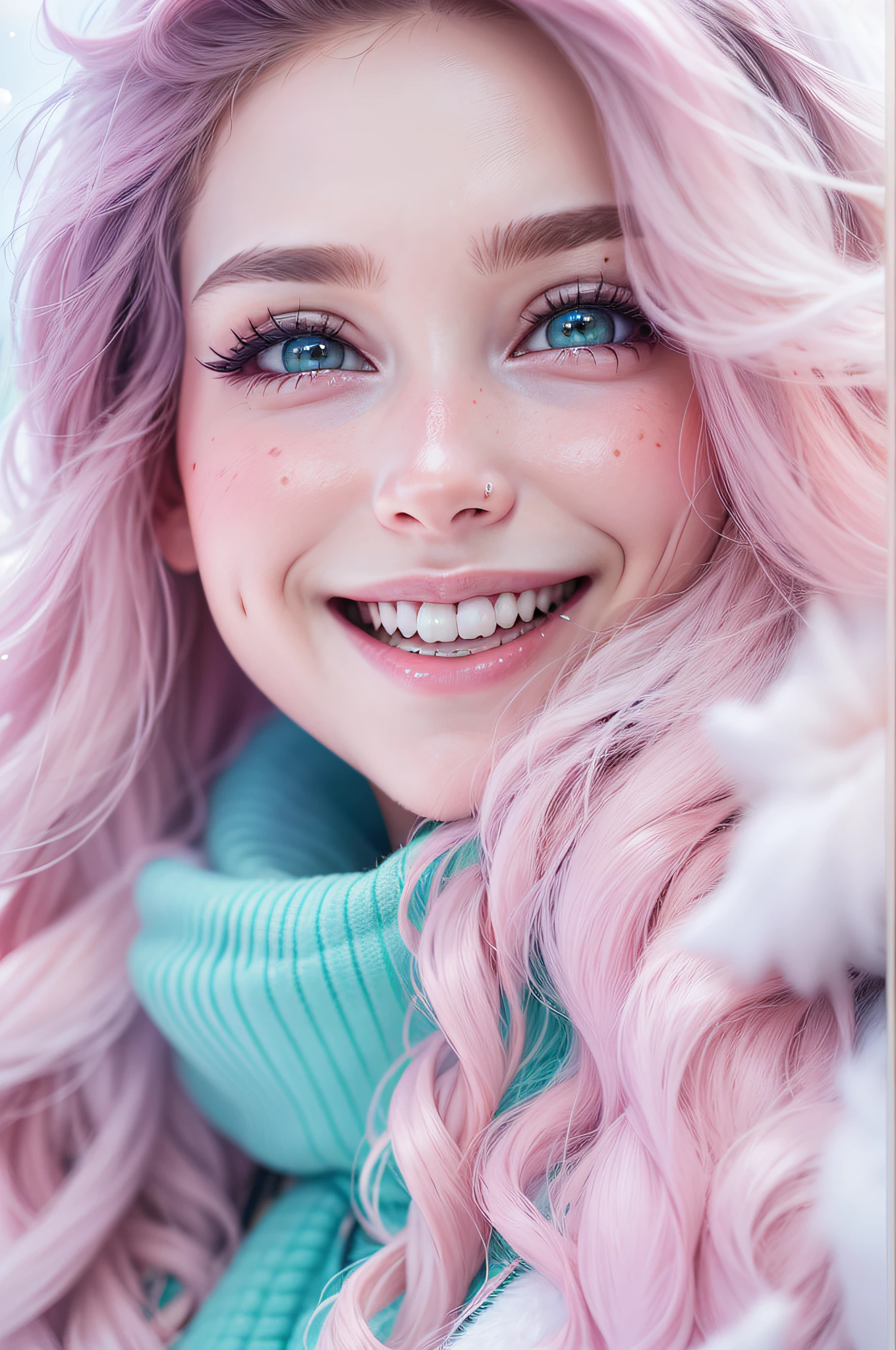 A close up of a woman with pink hair and blue eyes - SeaArt AI