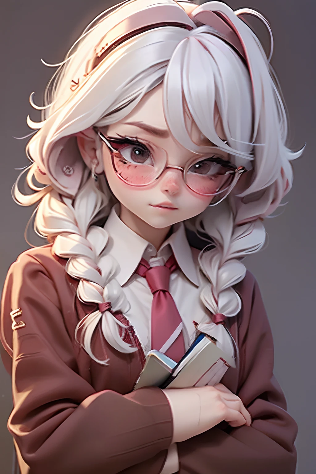 Lolli girl, braid messy hair, school, maroon necktie, reading books, library background, white hair, cute badgirl, baddie, wearing cool maroon headset