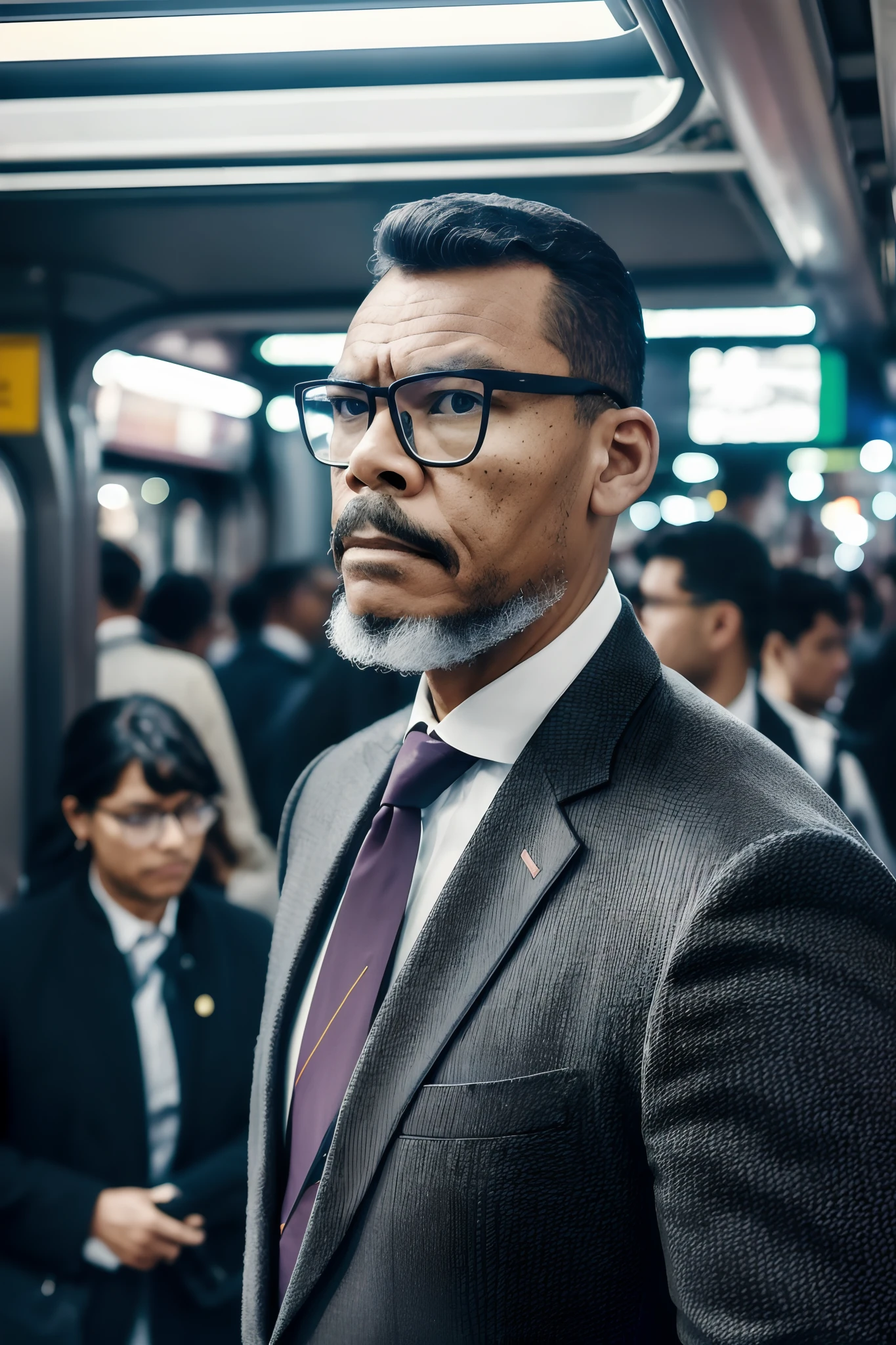 guttojugg1, guttonerdvision14, Create an exceptionally detailed and hyper-realistic image of a man, wearing glasses, dressed in a formal dress shirt and tie. He stands amidst the bustling crowd of a morning subway commute, capturing the essence of the daily routine of a worker who relies on public transportation. Pay meticulous attention to the precise details of the man's attire and the surrounding commuters. Utilize Octane render for lifelike textures and lighting. The resolution should be an impressive 8K, ensuring extraordinary clarity and precision, effectively portraying the realities of urban commuting.