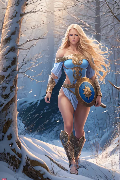 Powerful and beautiful Nordic Goddess, long blonde hair, fierce blue eyes, full nude body, warrior goddess, she is showing her a...