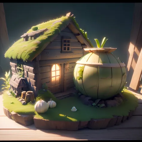 Masterpiece, Best quality, (Extremely detailed Cg Unity 8K wallpaper), (Best quality), (Best Illustration), (Best shadow), A round turnip hut covered with moss，Isometric 3D, rendering by octane,Ray tracing,Ultra detailed
