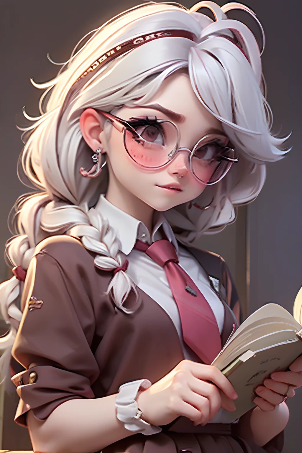 Lolli girl, braid messy hair, school, maroon necktie, glasses, reading books, library background, white hair, cute badgirl, baddie, wearing cool maroon headset