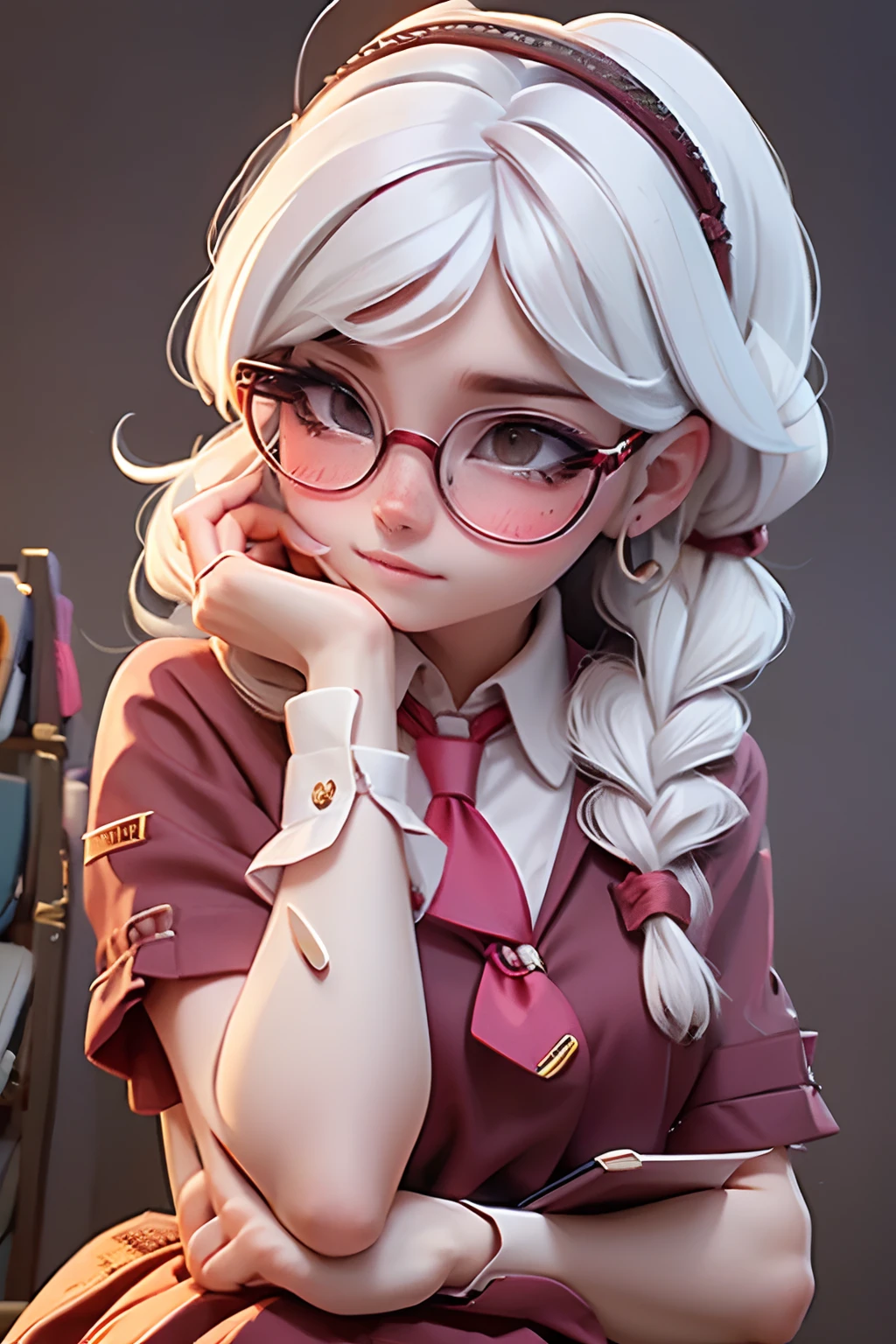 Lolli girl, braid messy hair, school, maroon necktie, glasses, reading books, library background, white hair, cute badgirl, baddie, wearing cool maroon headset