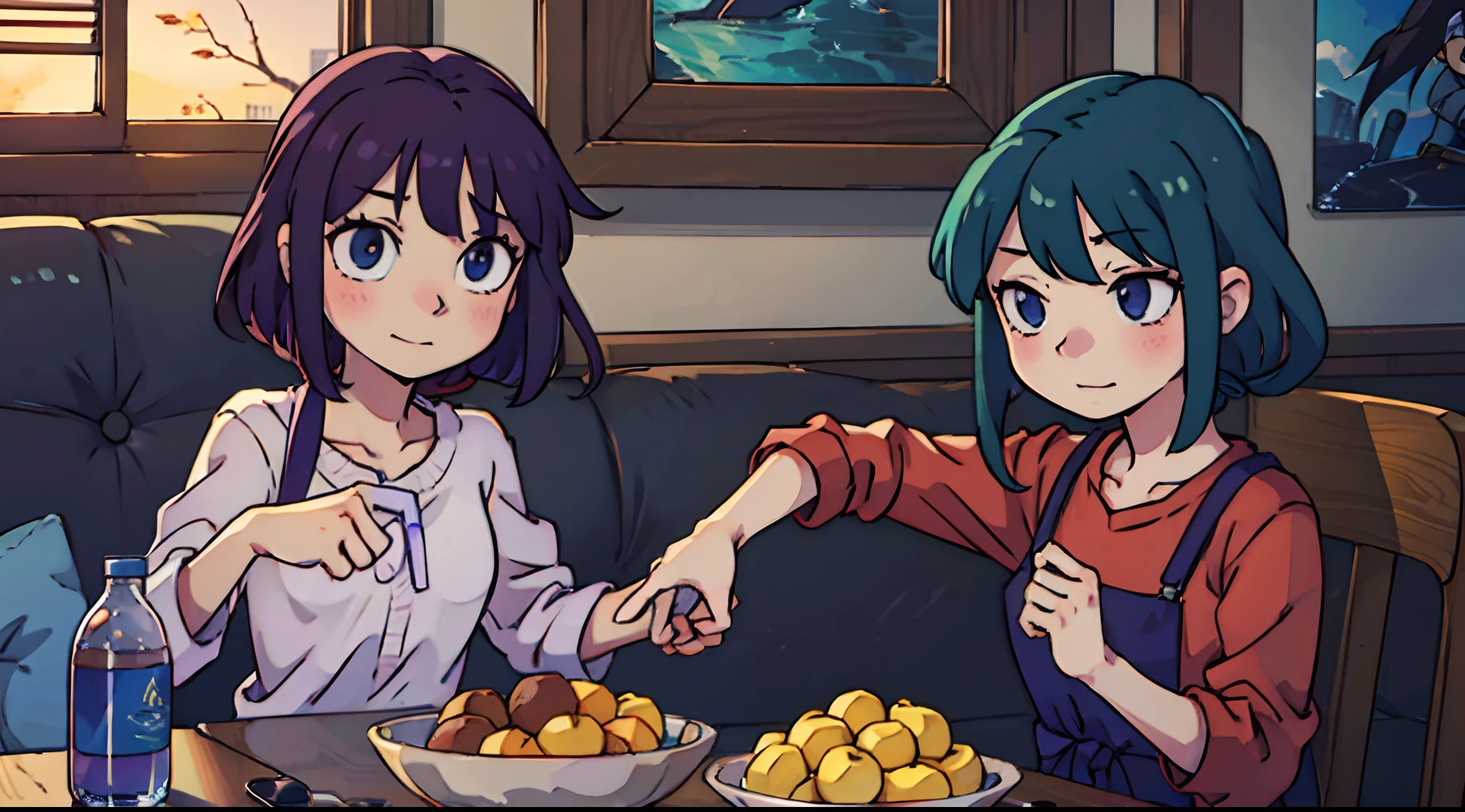 Personagens de anime sentados em uma mesa com comida e bebidas - SeaArt AI