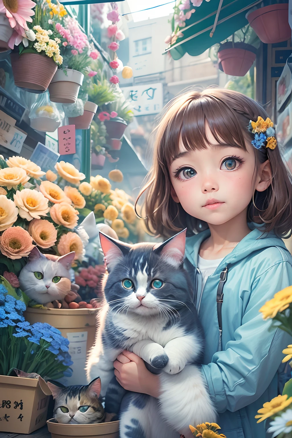 8 years old girl, and a round-eyed cute cat, Flower market to buy flowers, The décor is blue and white series ,streetview.,