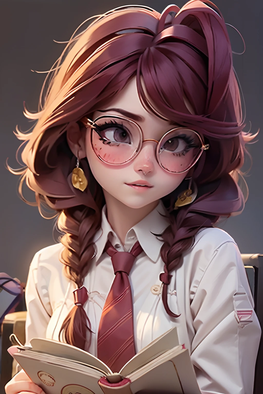 Garota loli, trança cabelo bagunçado, Escola, gravata marrom, copos, lendo um livro, Fundo da biblioteca,  cabelo castanho, garota má fofa, vilão, usando um fone de ouvido marrom legal,