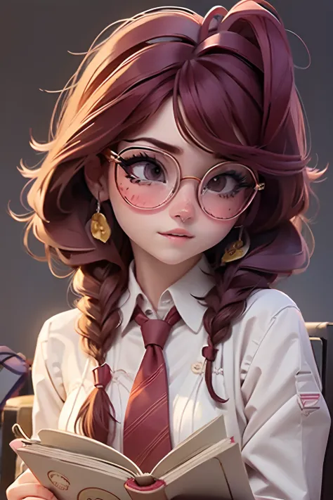 Lolli girl, braid messy hair, school, maroon necktie, glasses, reading a books, library background,  maroon hair, cute badgirl, ...