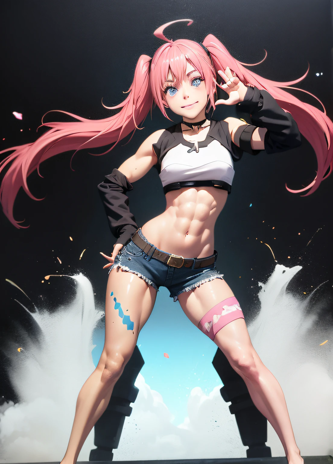 masterpiece, best quality, 1girl, solo, crop top, denim shorts, choker, (graphite: 1.5), paint splashes, (pose with hands on waist), in the city, looking at viewer, armband, body paint, head tilt, happy, long pink hair, pigtails, blue eyes, thick and muscular thighs, muscular belly, barefoot, medium breasts, full body photo