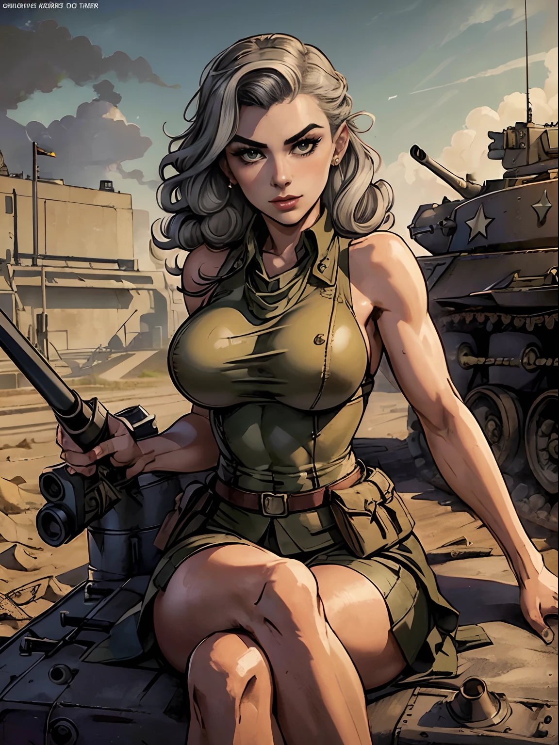 (masterpiece, top quality, best quality, official art, beautiful and aesthetic:1.2), (1girl:1.3), (gray hair victory curls), vintage 1940's American hairstyle, extremely detailed, portrait, looking at viewer, solo, (full body:0.6), detailed background, close up, vintage makeup, retro style, (warm summer military base theme:1.1), pinup girl, elegant face, long face, charlatan, smirk, mysterious, posing on top of a tank, ((riding the gun, barrel of the tank between her legs)), (((sitting on top of the gun barrel))), (((straddling the barrel of the tank))), patriotic costume, high heels, legs, M4 Sherman tank, WWII tank, armored version vehicle,, (((( medium, breast )))), toned, slim waist, slim hips, long legs, muscular legs, historical (WW2 army base exterior:1.1) background, dark mysterious lighting, shadows, magical atmosphere, dutch angle