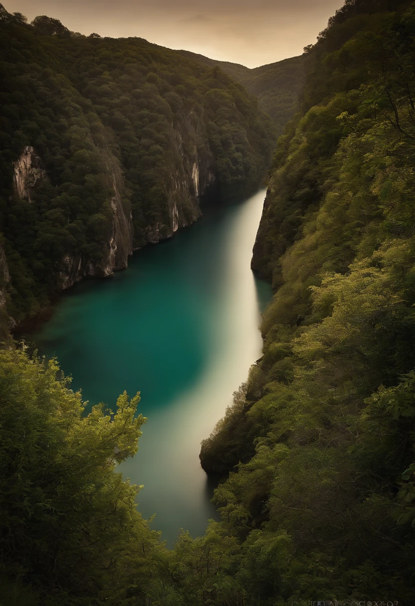 A view of a river in a canyon with a mountain in the background - SeaArt AI