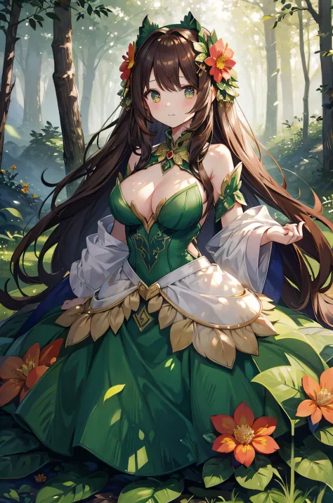 4K,hight resolution,One Woman,alraune,brown haired,Big,hime,tiarra,Dress made of grass,Flower Embellishment,Leaf decoration,in woods