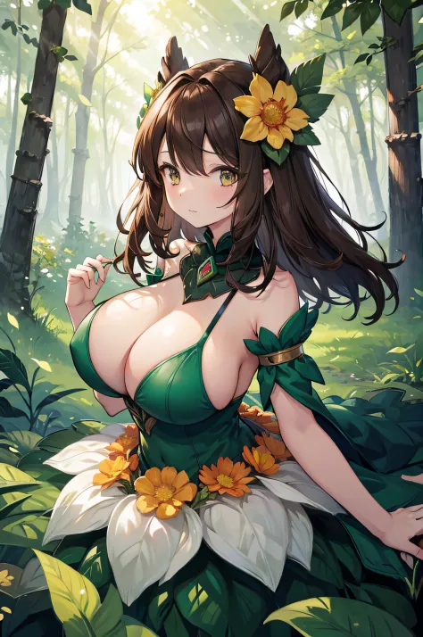 4K,hight resolution,One Woman,alraune,brown haired,huge tit,hime,tiarra,Dress made of grass,Flower Embellishment,Leaf decoration,in woods