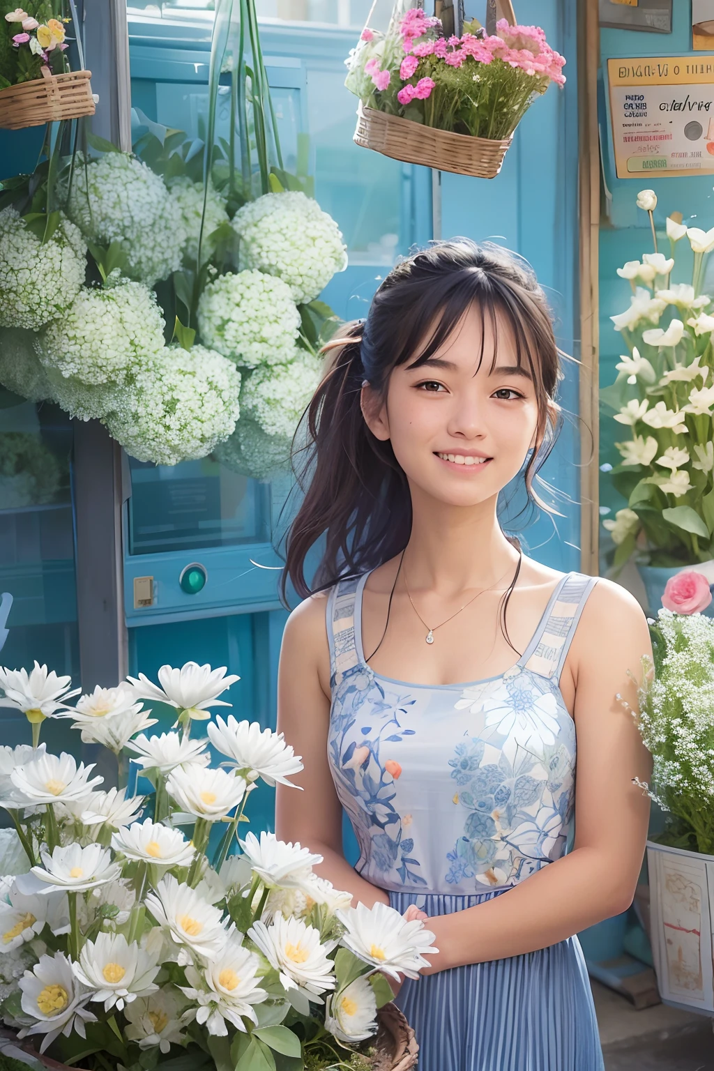  girl, smiling, The flower market sells flowers, streetview.,The décor is blue and white series