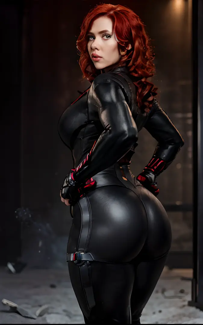 Stunning black widow, tight black suit, black widow suit, iron man 2 movie, red hair, masterpiece, 4 k ,high resolution photo, waist shot, ((droopy breast, skinny waist, thick thigh, wide hips, protruding ass)), perfect body proportion hourglass figure, bu...