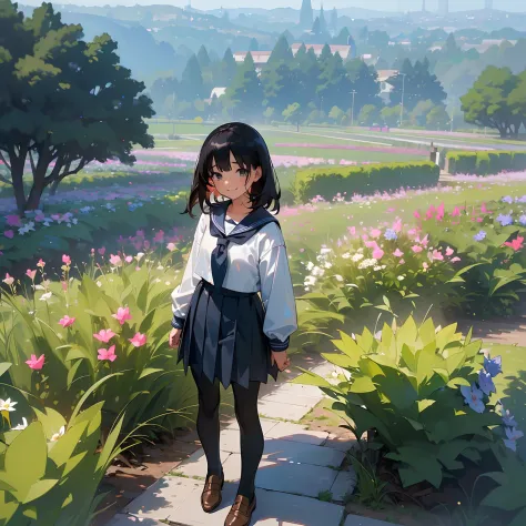 (Best Quality, hight resolution, Ultra-detailed, Realistic:1.37), peaceful ambiance, (plein air, garden), Teenage girl standing alone, Beautiful detailed features, Cute smile, ((Black bob hair)),Navy blue sailor suit, Pleated skirt,Black tights,Brown leath...