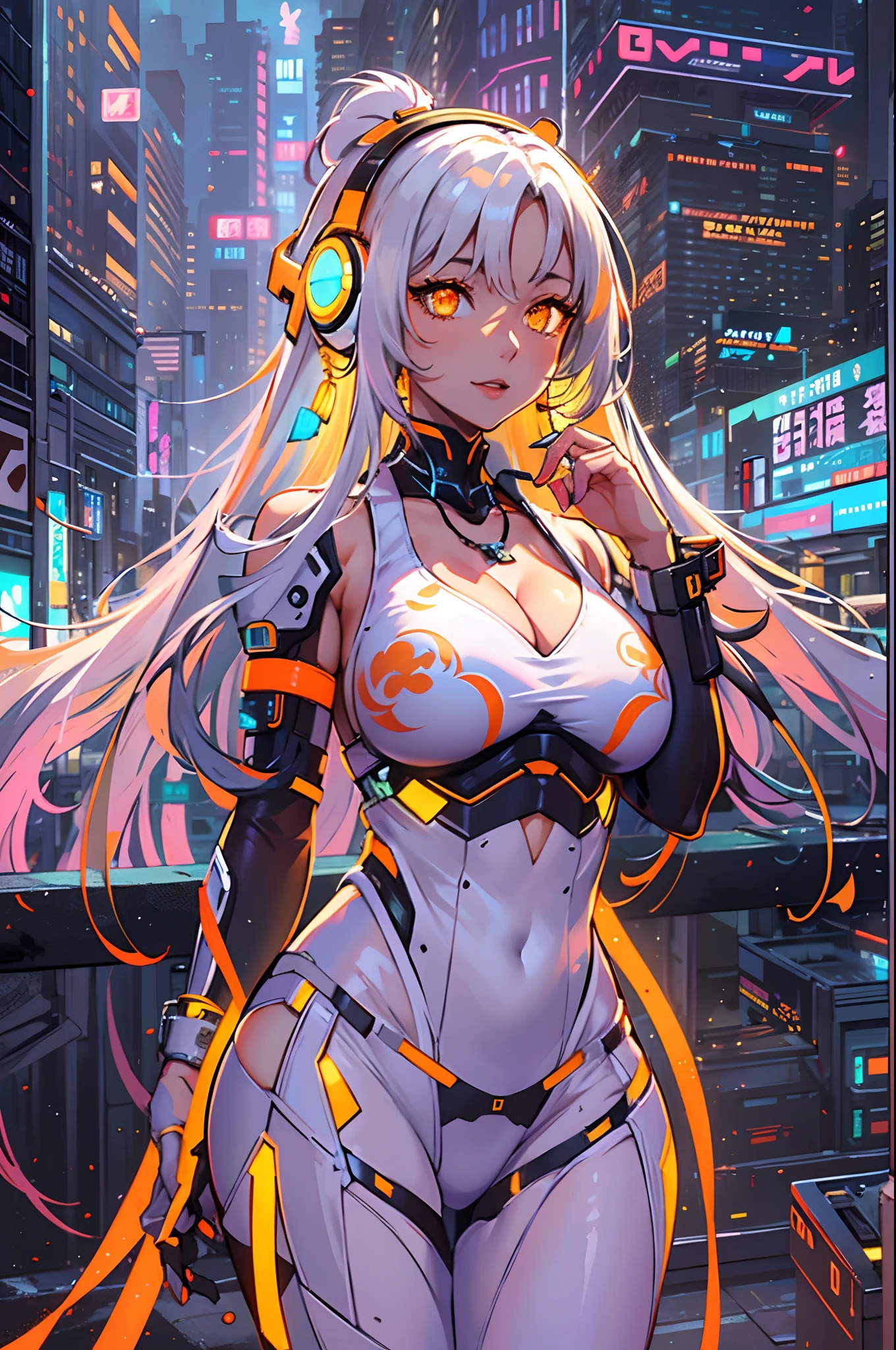 1 rapariga， chinese_clothes， white and orange， Cyberhanfu， on cheongsam， Cyberpunk-city， dynamicposes， glowing headphones， luminous hair ornaments， long whitr hair， Luminous earrings，Glowing necklace，cyber punk perssonage， a high-tech city， full of machinery and futuristic element， afofuturism， technologies，luminous neon lights，Orange，Orange light，Transparent tulle，Clear streamers，laser，Digital background city sky，large moon，There are vehicles，Best quality at best，tmasterpiece，8K,Character edge light，hyper-high detail，high qulity，The most beautiful woman in man，Slight smile，((Huge breasts :1.5)）