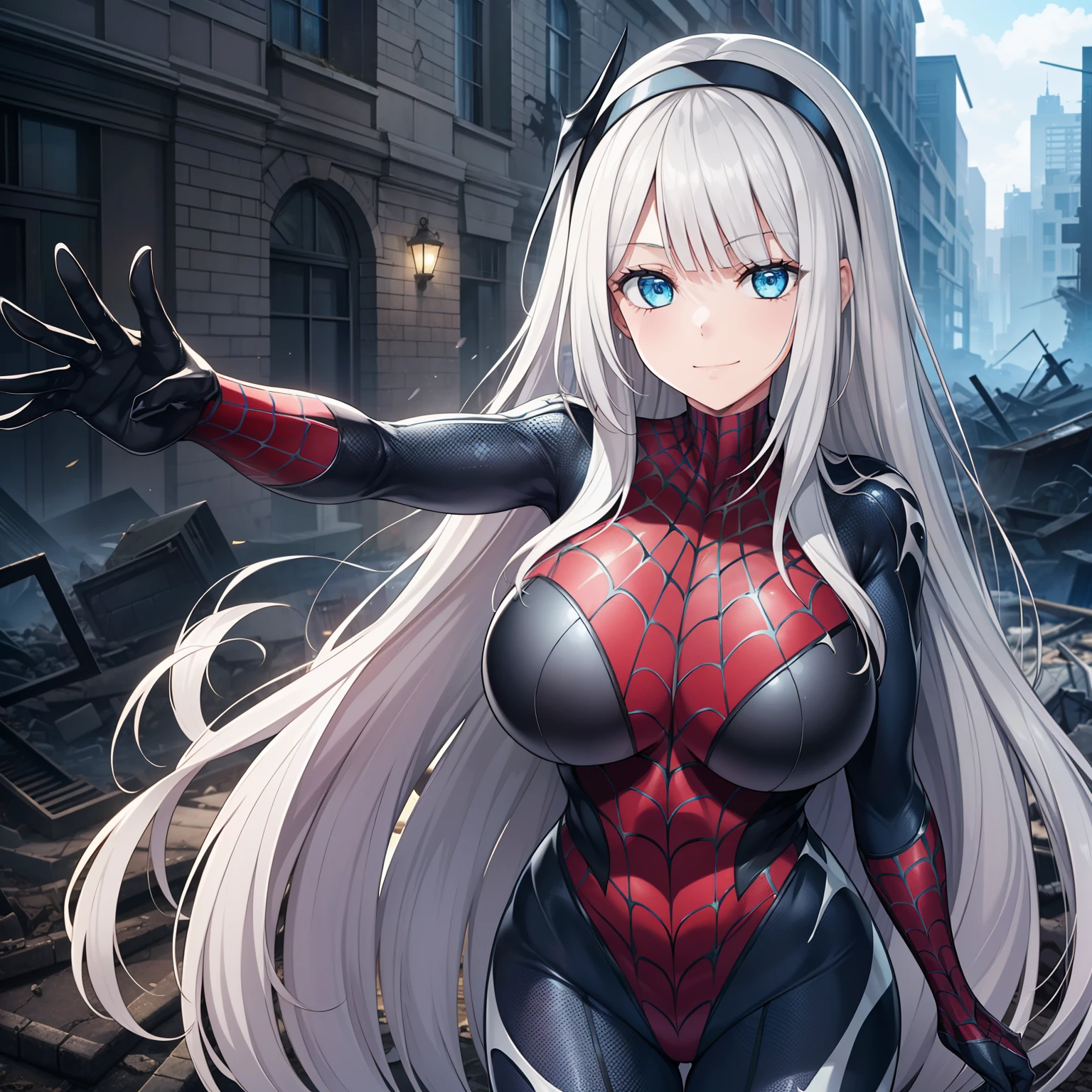 1girl,gigantic breasts,standing in ruined city,(8k),scratches,detailed face,white hair,blue eyes,long hair,embarassed,small smile face,high_res, high_definition,the battlefield,Heroic pose,dark suit, (symbiote spider man Custome:1.1),