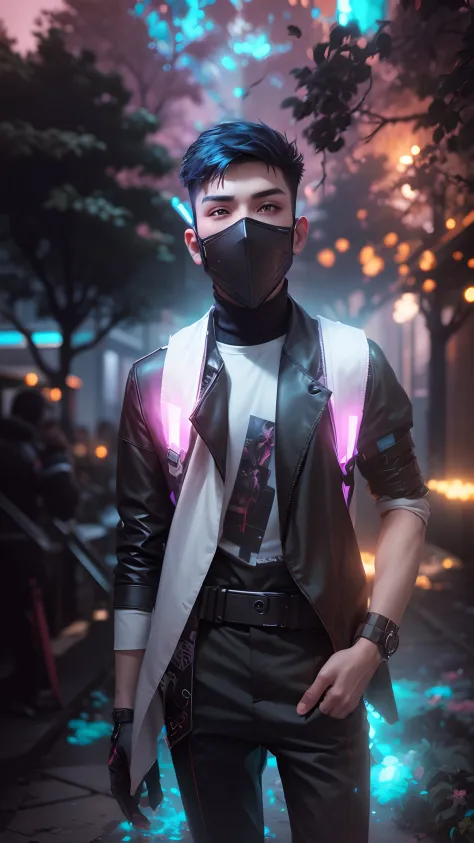 Change background cyberpunk handsome boy without changing face , real face view , change background only