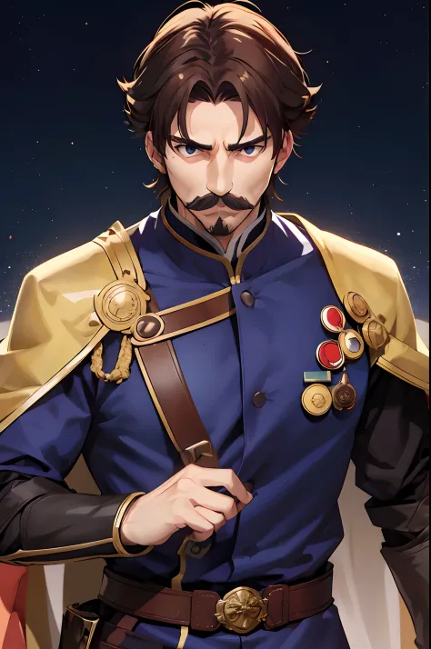 um homem de 30 anos, brown hair, mustache, usa uma roupa de imperador azul escuro, olhos castanhos, anime, Fate Stay Noite stlye...
