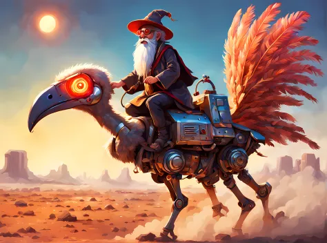 (cartoon anime style), old wizard riding the (mechanical ostrich:1.3), (metallic feathers), running in the savannah, dust rising...