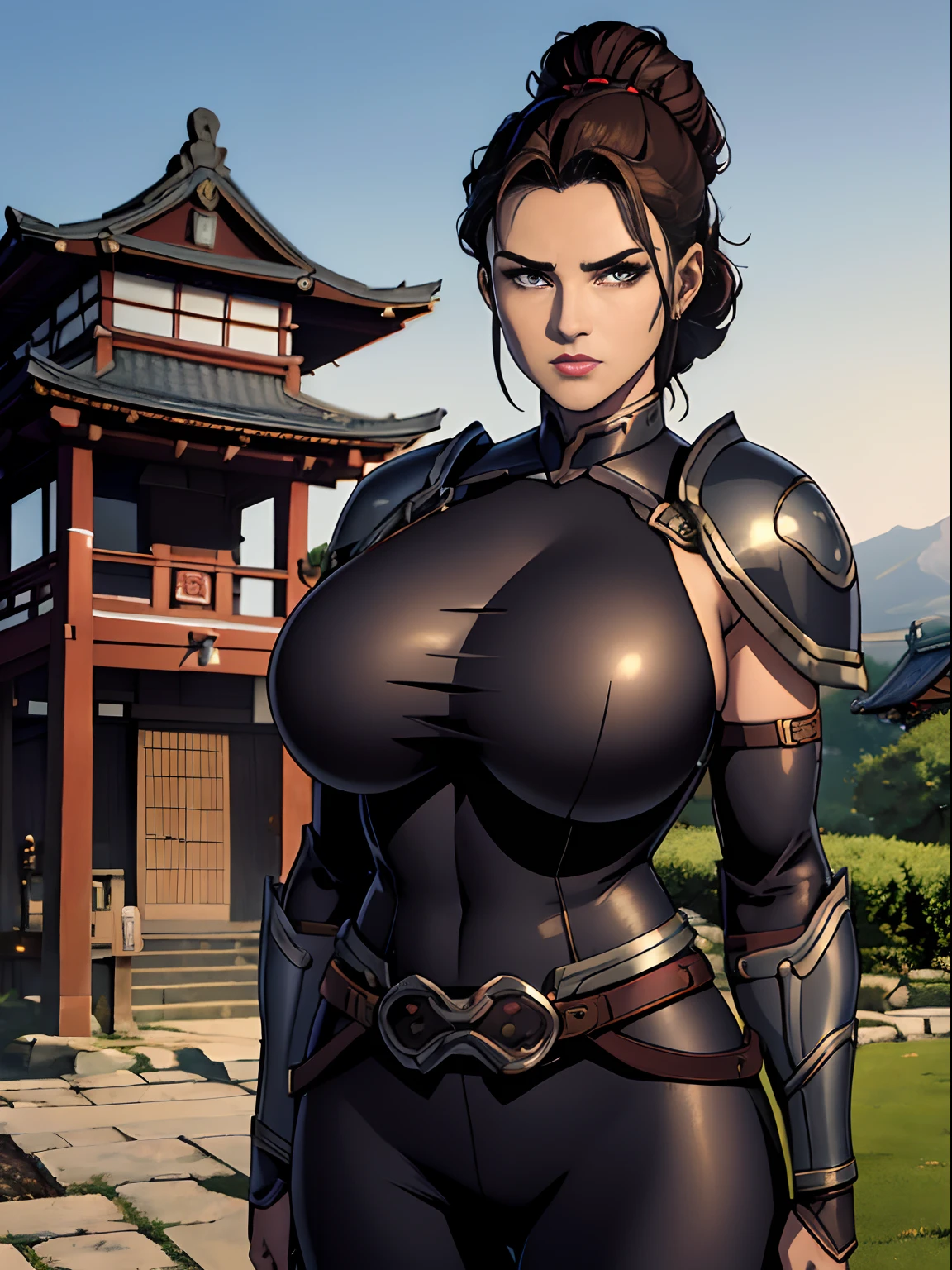 (masterpiece, top quality, best quality, official art, beautiful and aesthetic:1.2), (1girl:1.3), dark brown hair in a tight bun, extremely detailed, portrait, looking at viewer, solo, (full body:0.6), detailed background, close up, (warm summer Feudal Japan theme:1.1), samurai, charlatan, mysterious, standing in a garden, samurai armor, samurai helmet, crest, pauldrons, hip armor, breastplate, greaves, bracers, gloves, katana, banner, metal, black leather, breeches, leggings, loose pants, bracers, armor, gauntlets, boots, buckles, straps, ((((gigantic breasts)))), slim waist, slim hips, long legs, sunset, Feudal Japan, Mount Fuji, (Japanese garden exterior:1.1) background, dark mysterious lighting, shadows, magical atmosphere, dutch angle,