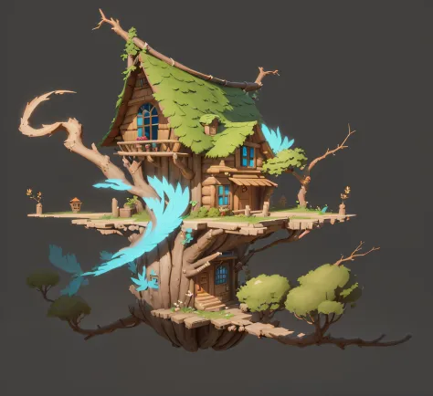 Close-up of the tree house，A bird flies around it, Stylized concept art, fantasy house, magical fantasy 2 d concept art, painted as a game concept art, 3 d render stylized, fantasy game art style, Isometric 3d fantasy cute house, cyberpunk tree house, Styl...