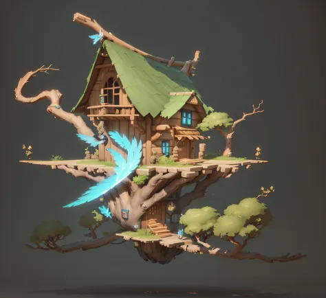 Close-up of the tree house，A bird flies around it, Stylized concept art, fantasy house, magical fantasy 2 d concept art, painted as a game concept art, 3 d render stylized, fantasy game art style, Isometric 3d fantasy cute house, cyberpunk tree house, Styl...
