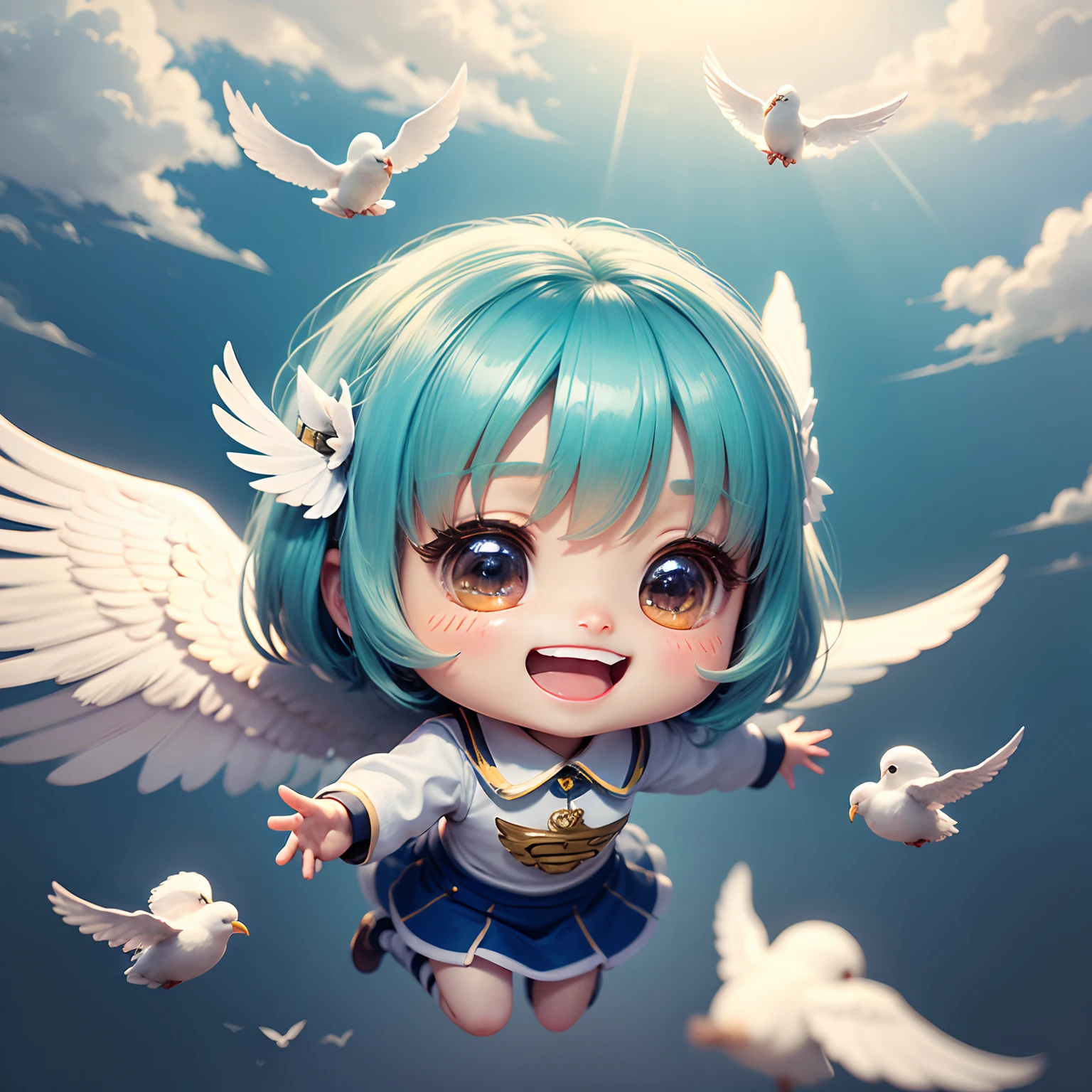 Anime girl with blue hair flying in the sky surrounded by white birds -  SeaArt AI