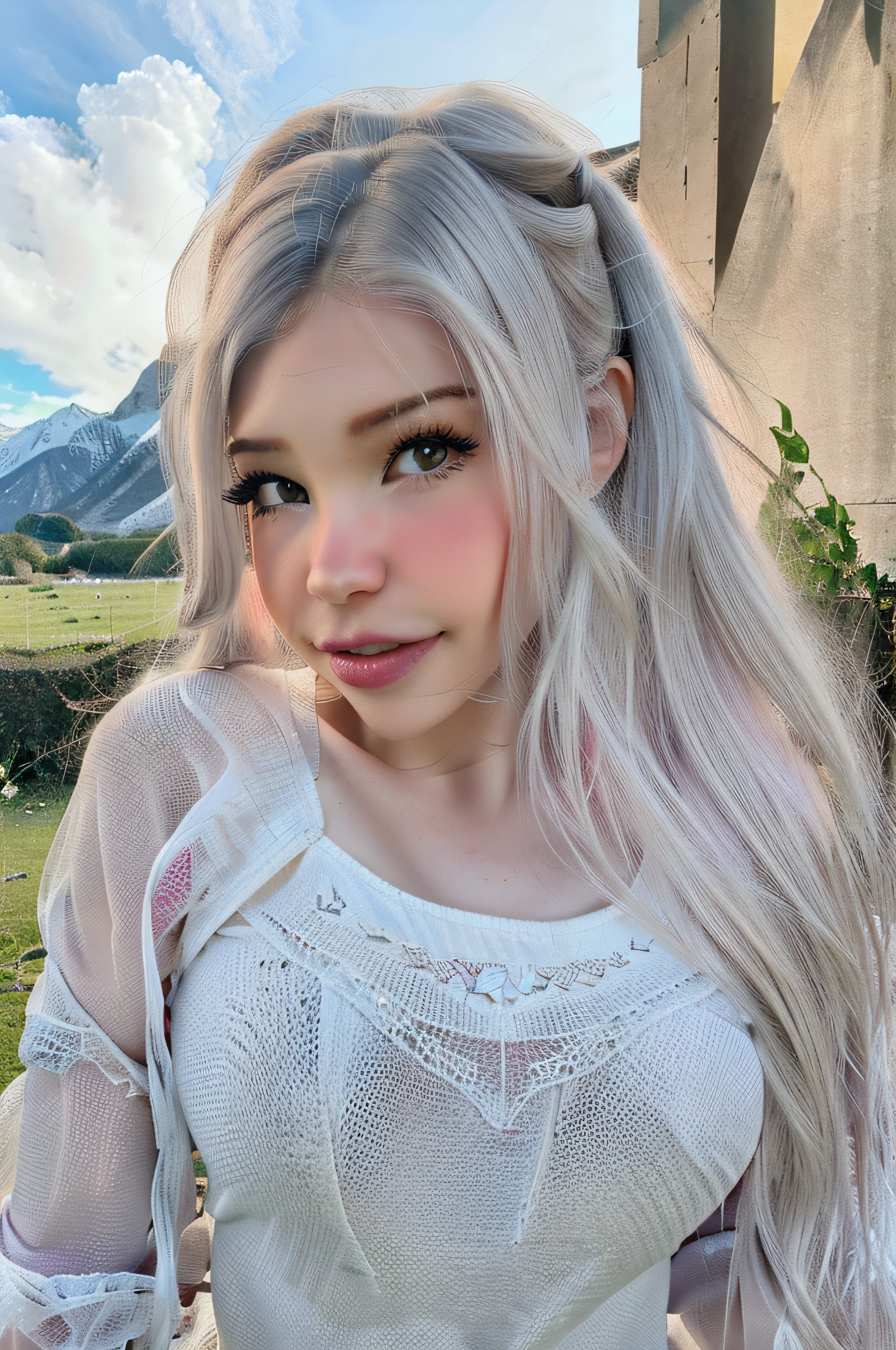 A close up of a woman with long blonde hair and a white top - SeaArt AI