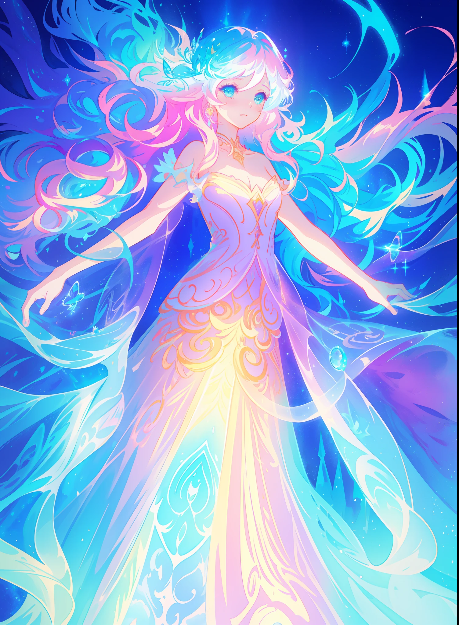 beautiful girl, puffy tiered ballgown, vibrant pastel colors, (colorful), glowing golden long hair, magical lights, sparkling magical liquid, inspired by Glen Keane, inspired by Lois van Baarle, disney art style, by Lois van Baarle, glowing aura around her, by Glen Keane, jen bartel, glowing lights! digital painting, flowing glowing hair, glowing flowing hair, beautiful digital illustration, fantasia background, whimsical, magical, fantasy, ((beautiful face)), ((masterpiece, best quality)), intricate details, highly detailed, sharp focus, 8k resolution, sparkling detailed eyes, liquid watercolor