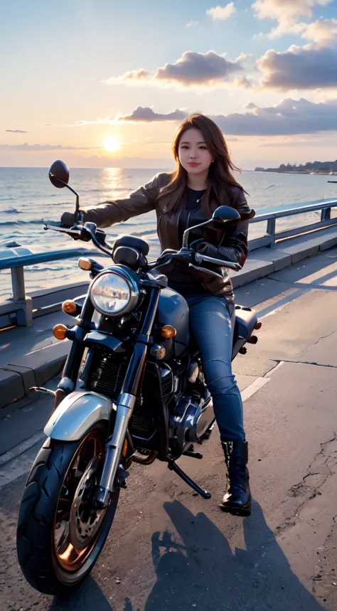 top-quality, ​masterpiece, 16k picture quality, a beautiful girl ride on motorcycle, that is American type Motorcycle, background is sunset seashore, beautiful clouds
