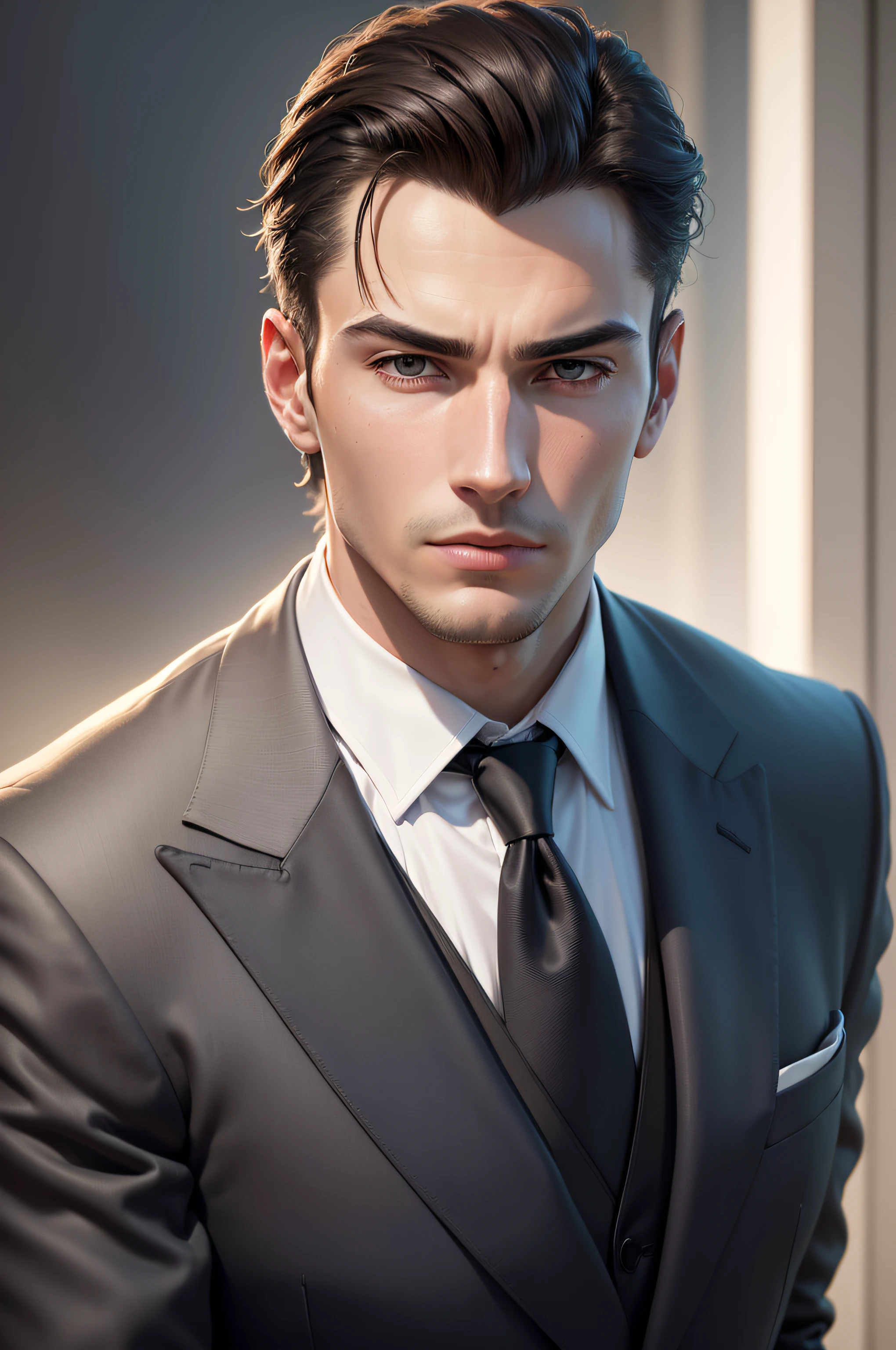 (a)male side face, (a)elegant businessman in a suit, (a)young adult, (a)serious expression, (a)blurred background, (best quality,4k,8k,highres,masterpiece:1.2), (a)ultra-detailed, (realistic,photorealistic,photo-realistic:1.37), (a)professional, (a)sharp focus, (a)physically-based rendering