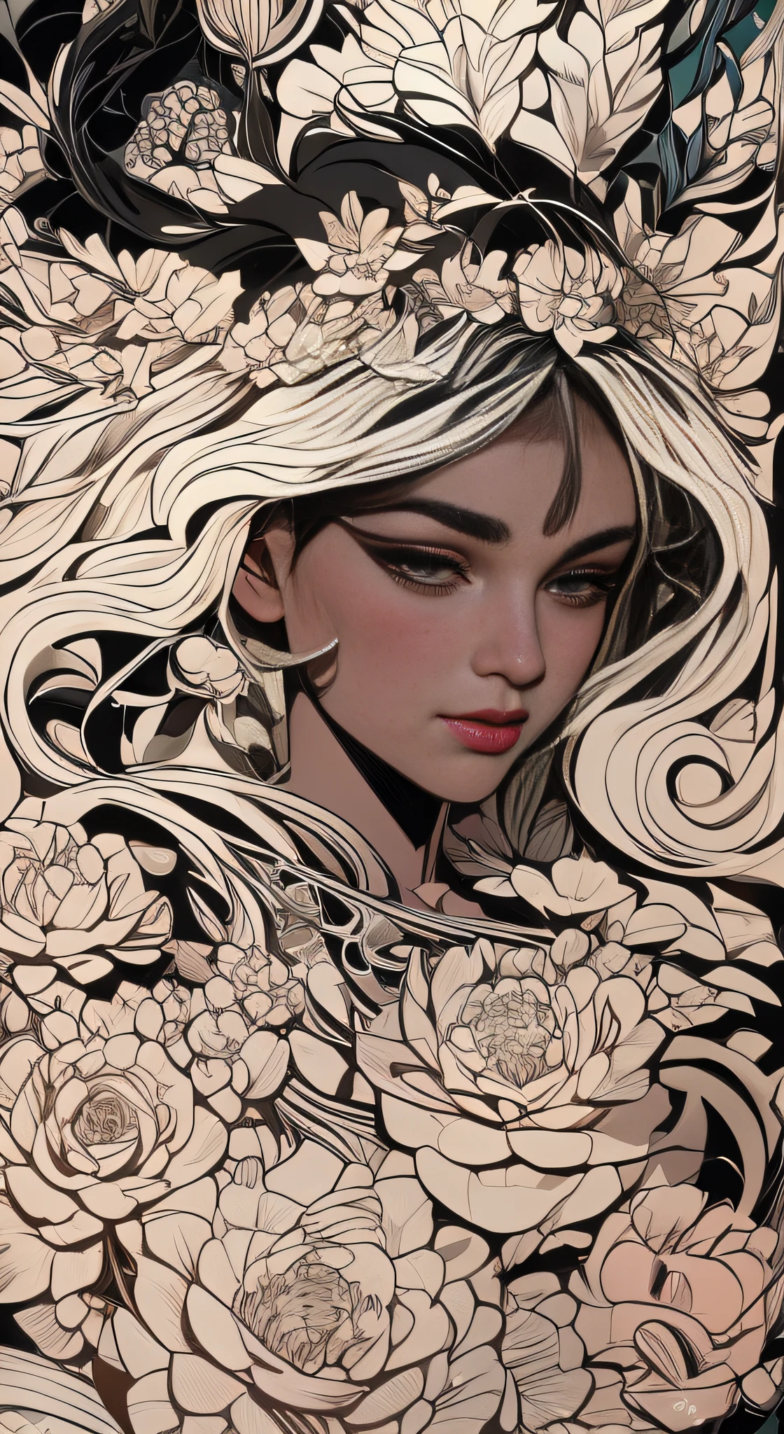 a drawing of a woman with flowers in her hair, bela line art, line art requintada, goddess. extreme hight detail, black and white coloring, detailed matte fantasy portrait, line art, extremely fine ink lineart, official illustration, a beautiful artwork illustration, black and white line art, highly detailed linework, Lineart Behance HD |, art nouveau ink illustration, beautiful and elegant elf queen, fantasy art style, goddesses. very high details, Artwork, Picture books, master part, best qualityer, (extremely detailed CG unit 8k wallpaper), (best qualityer), (best illustration), (better shadows), absurdrez, realistic lighting, (abyss), Beautiful Detailed Brightness