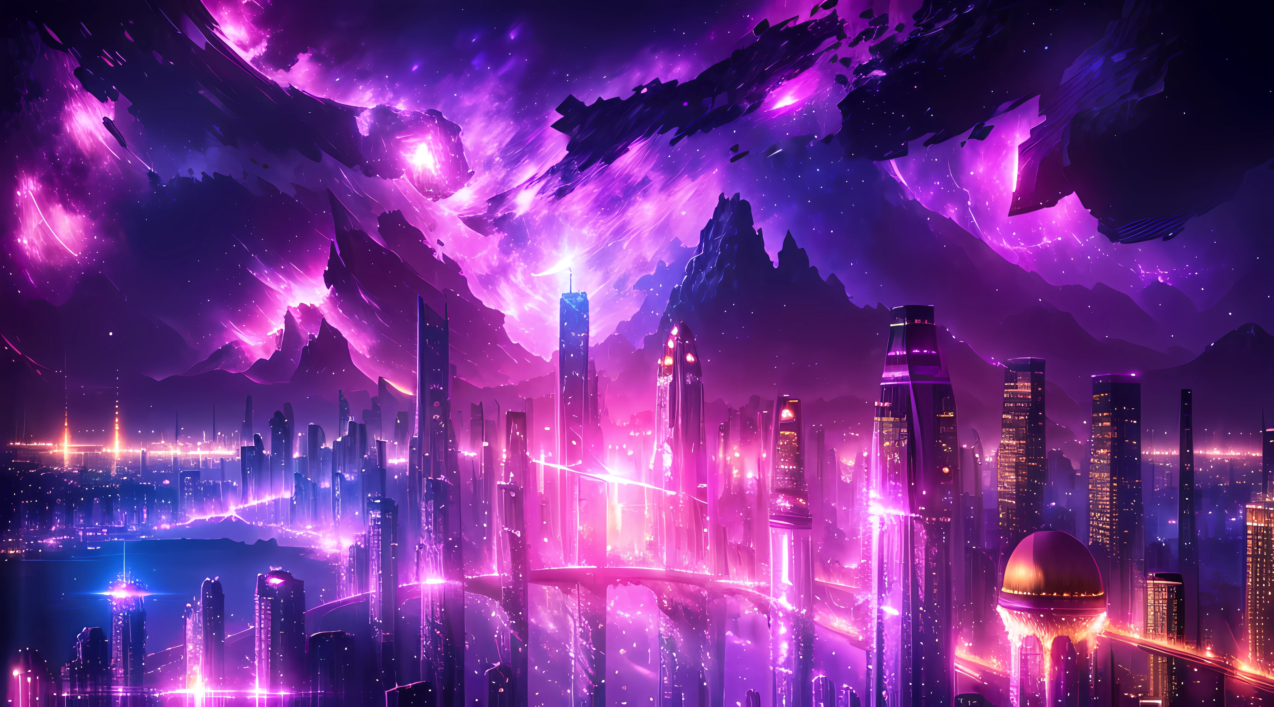 (deep in the night, deep in the night, deep in the night) I see a beautiful, detailed 8k artwork with a sugary pink crystal city, sparkling gold, and a fairytale landscape against a magical night sky.8k,((huge full city)),(space city),(nothern lights,detailed),((high quality))