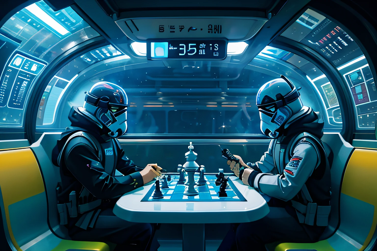 Storm Troopers jouant aux échecs spatiaux holographiques dans un métro de Coruscant