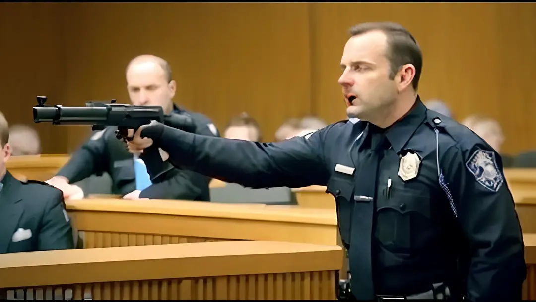 arafed police officer pointing a gun at a courtroom, cop, he has a pistol!!, menacing!!!, menacing, police shootout, pointing a pistol at us, violent, police state, courtroom scene, powerful scene, youtube thumbnail, in court, in a courtroom, violence, men...