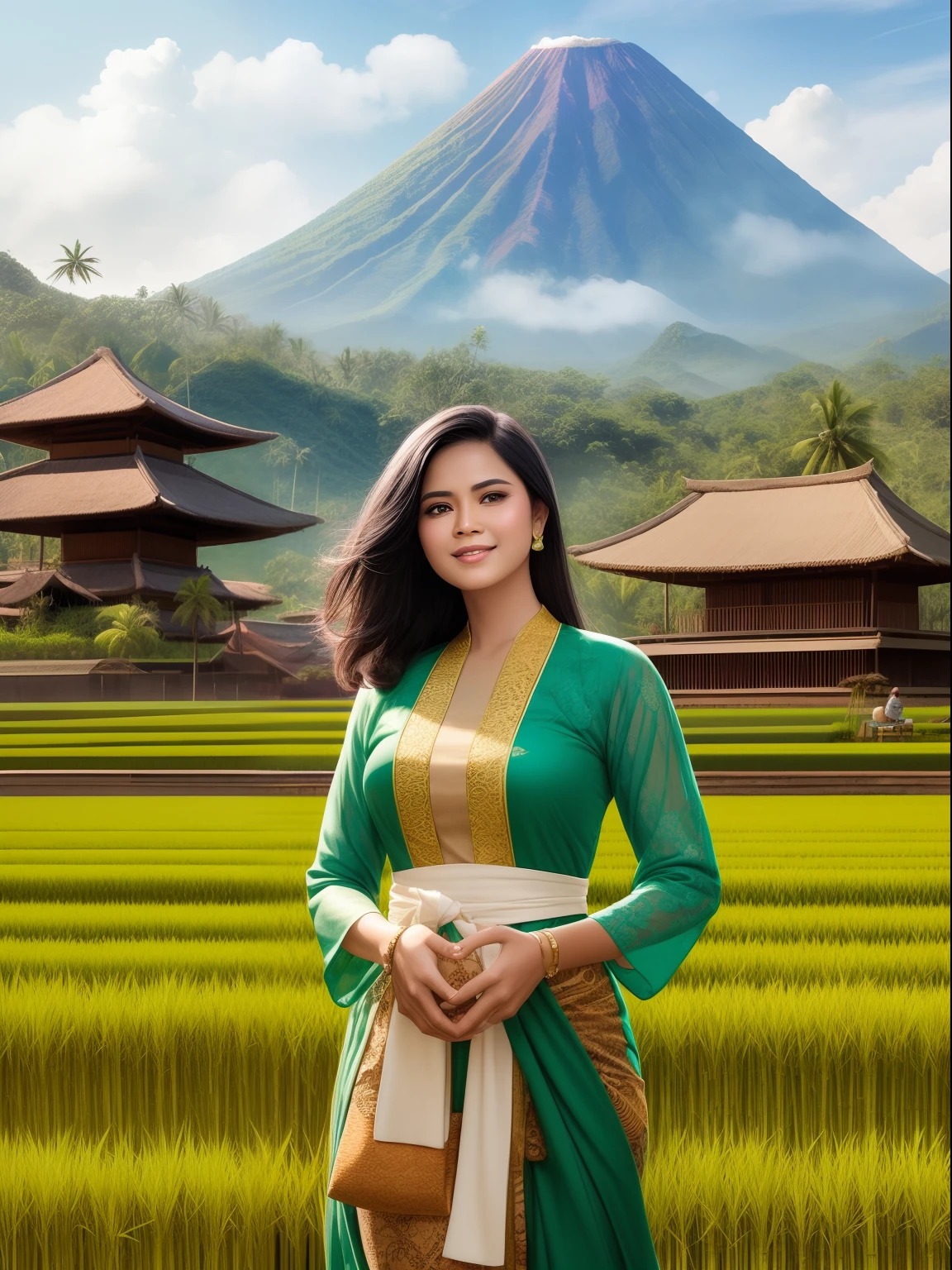 Une magnifique femme aux cheveux noirs, un fermier indonésien de riz de Java occidental, porte une robe kebaya vert clair avec un visage heureux et un rire léger, la nourrir sur le point de cultiver du riz dans son vaste champ de riz avec un magnifique volcan en arrière-plan, cabane en bambou et bois de bambou, un chef-d&#39;œuvre épique d&#39;art numérique hyper réaliste de Frank Bellamy, Étalonnage professionnel des couleurs par Kenneth Hines Jr. , 80's European Color Comic Style real face