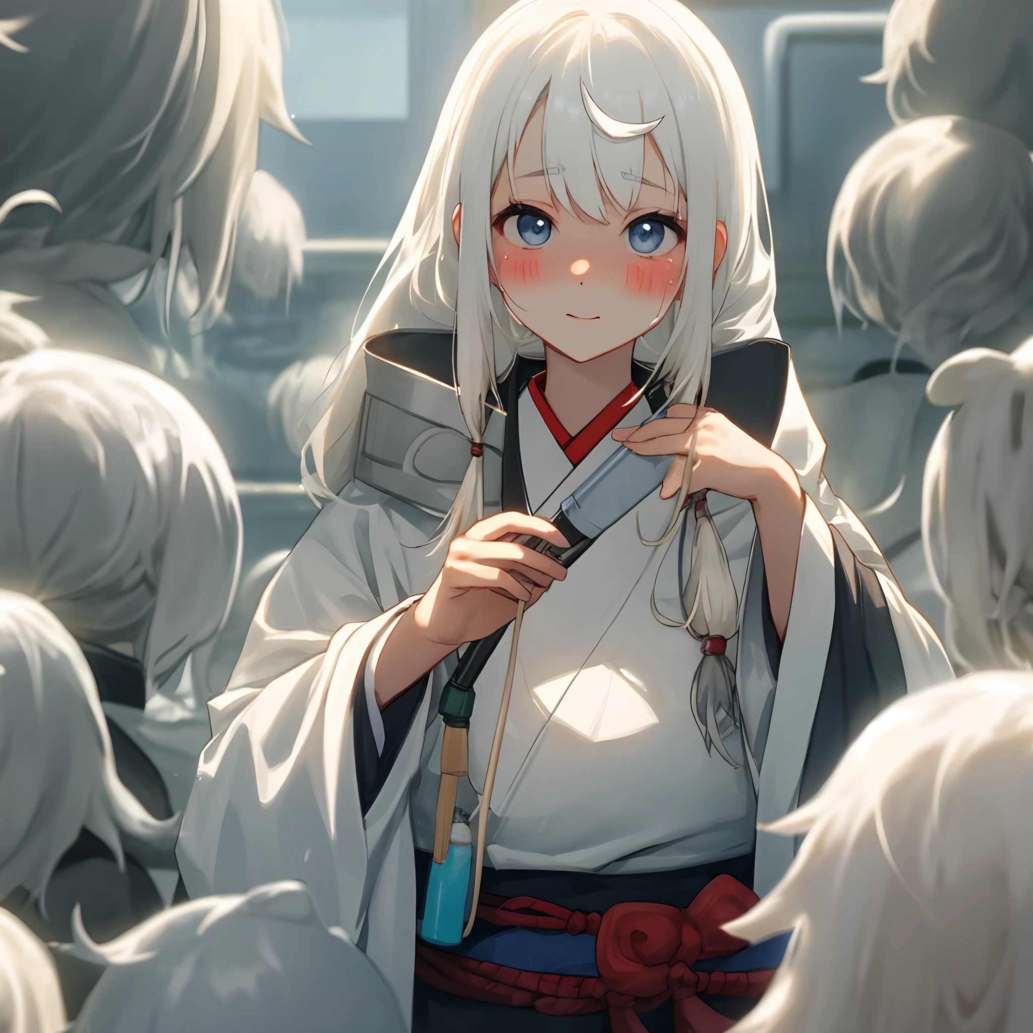 Anime girl with white hair and blue eyes standing in a crowd - SeaArt AI