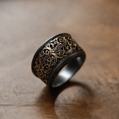 (Ring art design,Extremely gorgeous jewelry design,Art Nouveau,dynamic art,Contemporary art:1.45),(Berlin black iron ring in Victorian Gothic style，Hollow plant shape metal carving,Gold products,Handmade,Romantic rings，The center is inlaid with a five-poin...