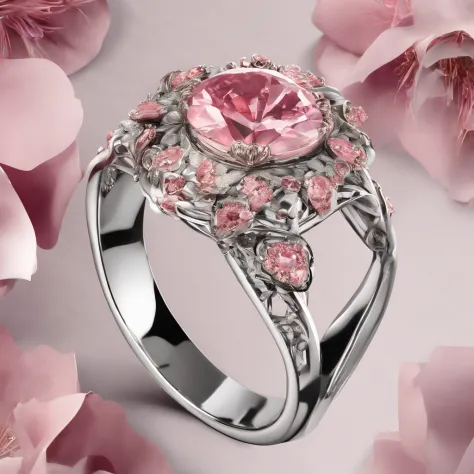 (high-quality,ultra-detailed,realistic:1.37),metallic pink,floral-designed ring,sparkling pink diamonds,exquisite craftsmanship,detailed engravings,delicate petals,shimmering reflections,vibrant colors,crimson accents,soft lighting,ornate textures,macro ph...