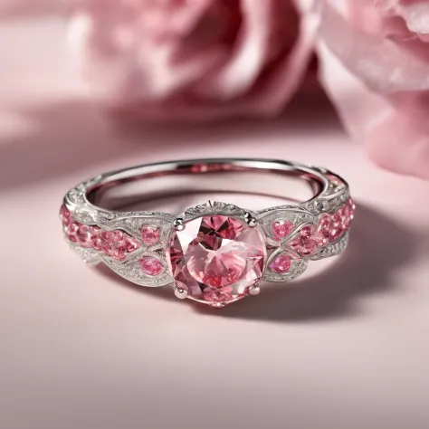(high-quality,ultra-detailed,realistic:1.37),metallic pink,floral-designed ring,sparkling pink diamonds,exquisite craftsmanship,detailed engravings,delicate petals,shimmering reflections,vibrant colors,crimson accents,soft lighting,ornate textures,macro ph...