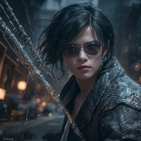 (Masterpiece, Best quality), 1girll, Black hair, Glasses, Cyberpunk, Solo, waist-high, Sexy appearance，Trailer poster effect（Exp...