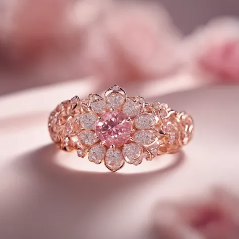 Large floral shaped ring,Sparkling pink diamonds,Exquisite craftsmanship,detailed carvings,Soft lighting,Gorgeous textures,macro photography,(high high quality,Ultra-detailed,Realistic:1.37),