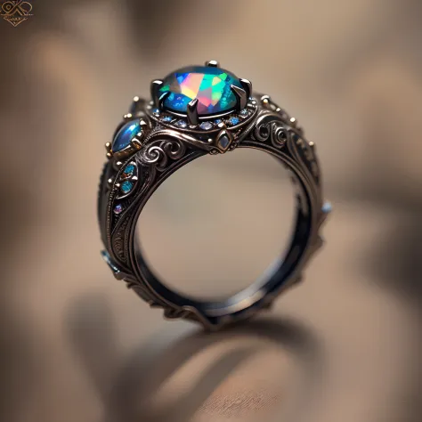 macro photograph, Masterpiece, Super detail, High details, High quality,
[Black opal ring],Light luxury, {Black gold vintage style}